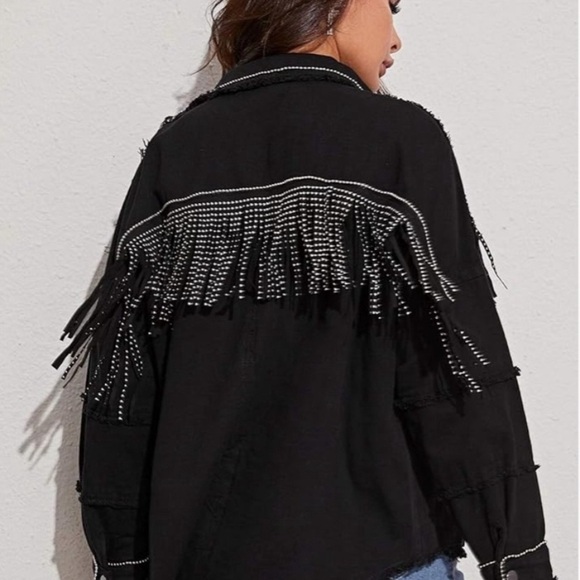 New! NWOT Casual Frayed Black Denim Jacket Studded Fringe - Picture 2 of 10